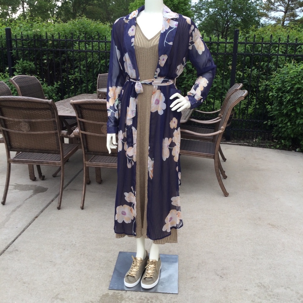 SHEER floral long 3/4 sleeve duster maxi COVER UP - Picture 15 of 16